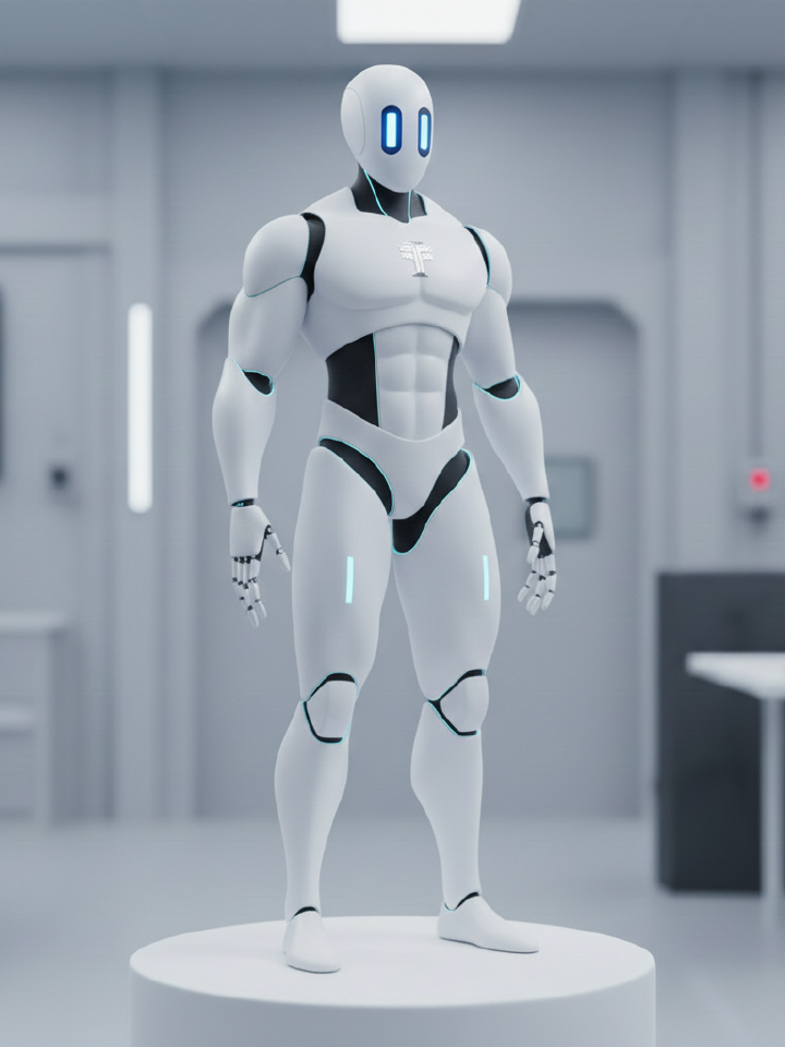 The Agastyx humanoid, standing in a lab